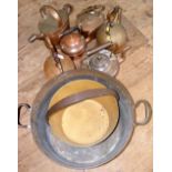 A collection of assorted copper kettles, watering can and two preserve pans