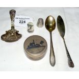 Indian silver pill box, teaspoons, etc.