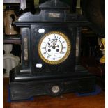 Victorian slate and marble mantel clock with visible escapement