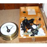 A boxed sextant, together with an old brass ship's gauge
