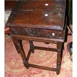 An early period carved oak Bible box on stand