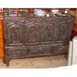 Period oak mule chest with carved front - 142cm