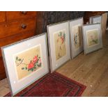 A set of eight oriental flower and bird pictures - bearing signature - 32cm x 42cm