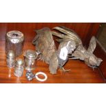 Silver mustard pot, cockerels, etc.