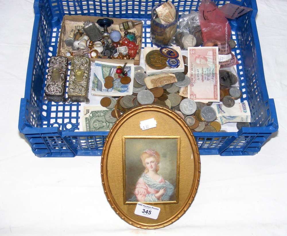 Miniature painting of lady, together with collectable coinage, etc.