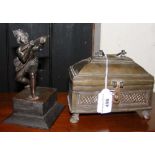 An old bronze casket - 15cm, together with a bronze hunter figure - 16cm high