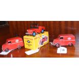 Dinky Toys No.405 Universal Jeep in red with rare blue wheels and reproduction box, together with