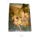 A small over painted print on wooden panel - classical scene - 15cm x 10cm