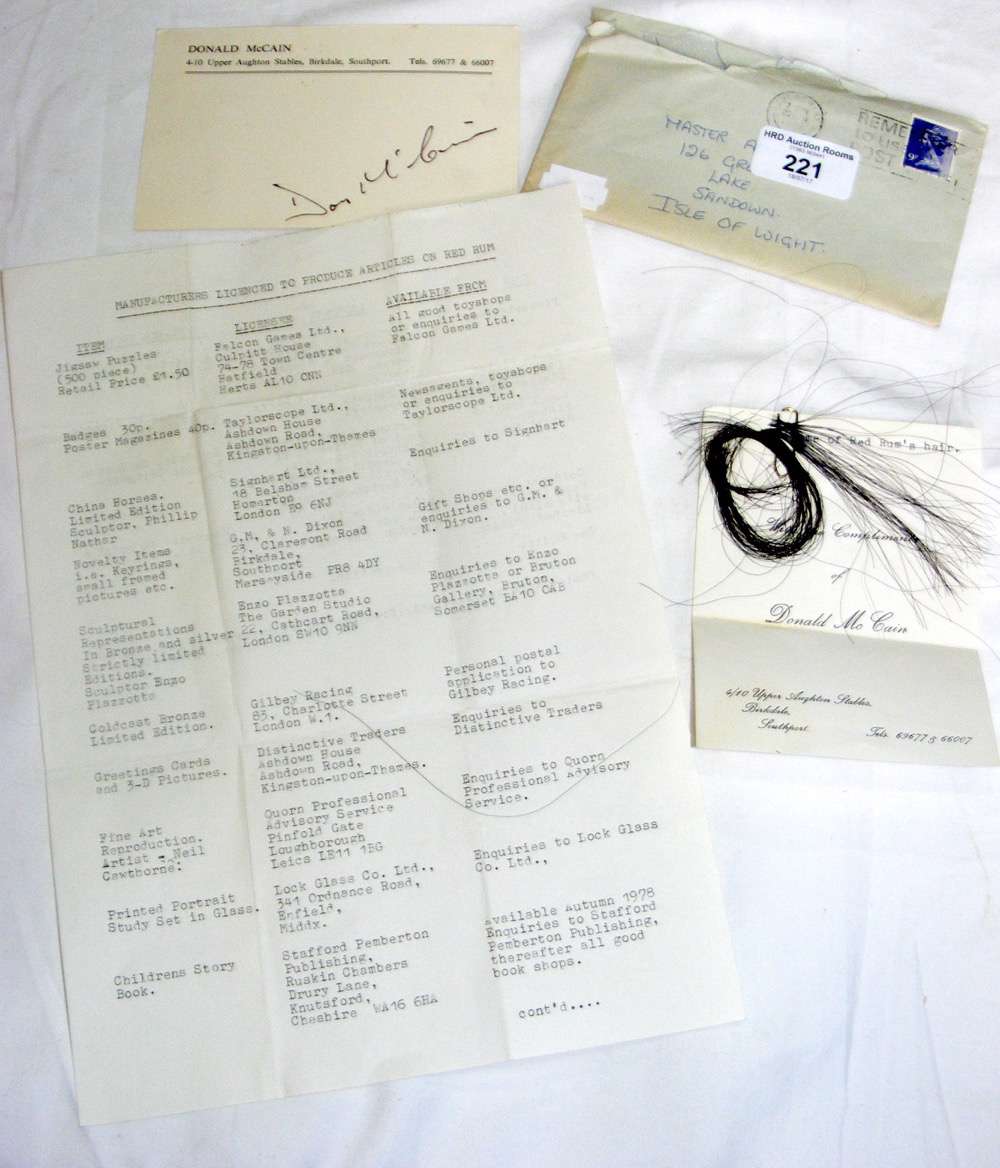A cutting of Red Rum's hair with authenticating letter from Donald McCain, accompanied by signed