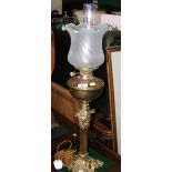 A Victorian Corinthian column oil lamp with shade (converted) - 74cm high