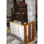 Painted pine chest, oak hall seat, wall shelf, together with a pair of wine tables