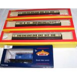 Boxed Bachmann 25 Ton Van, together with three boxed Hornby carriages