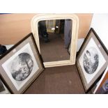 Shabby chic wall mirror, together with a pair of monochrome French engravings