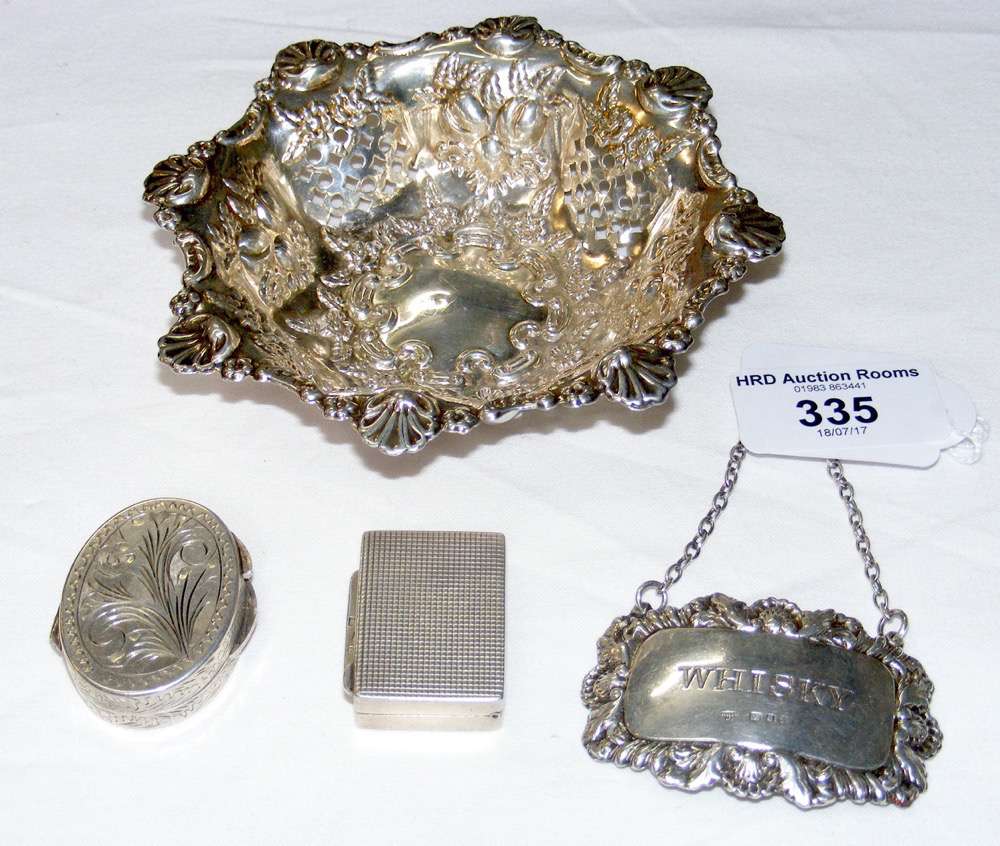 Silver pin dish, "Whisky" label, etc.