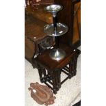A Retro chrome smoker's stand, together with cast metal foot scraper and oak nest of tables