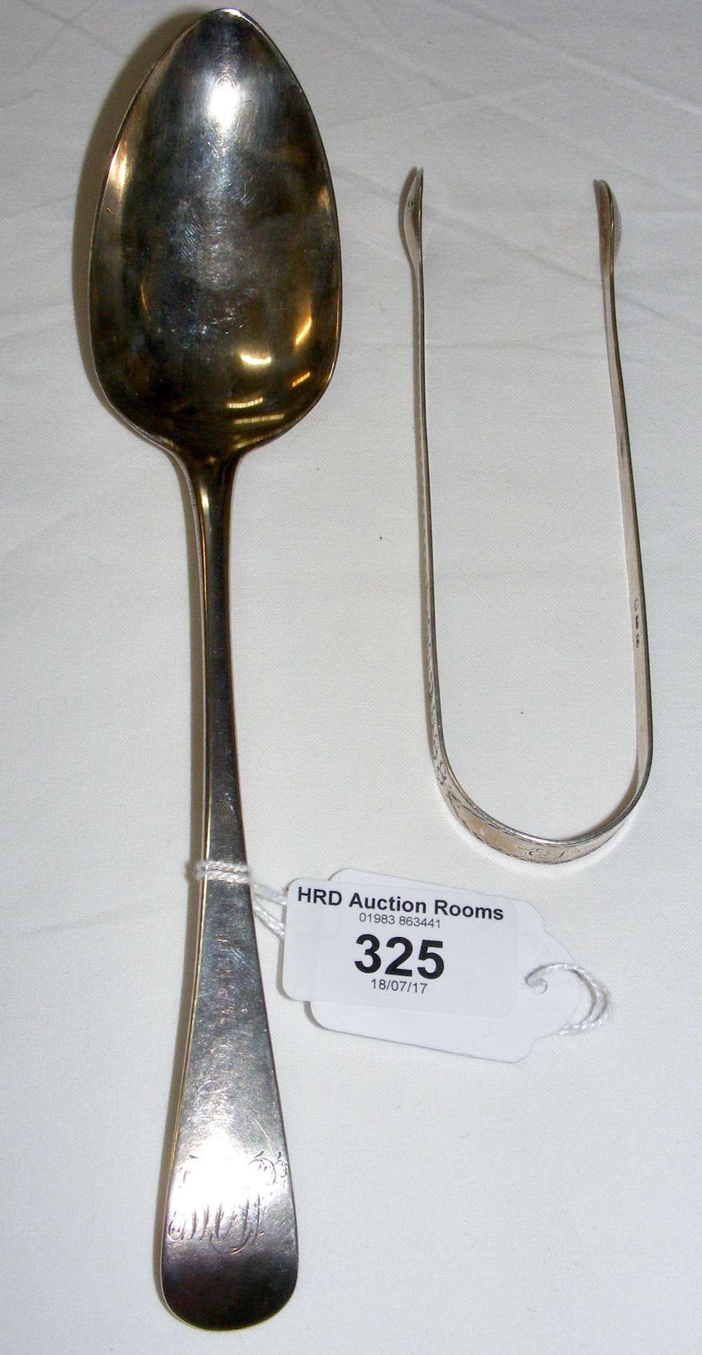 Georgian silver tablespoon - London 1812 and ditto sugar tongs - 1799 - both by the Bateman family