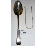 Georgian silver tablespoon - London 1812 and ditto sugar tongs - 1799 - both by the Bateman family