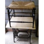 Marble top garden table with Singer sewing machine wrought iron base, together with a rush seated