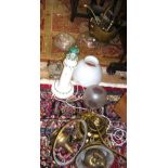A hanging brass lamp, together with other shades, coal scuttle