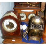 Oak cased clock barometer set, together with a mantel clock and reproduction lantern clock