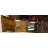 A Middle Eastern occasional table, oak framed wall mirror, together with a pair of pictures