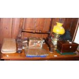 Victorian mahogany tea caddy, together with oil lamp, copper, etc.