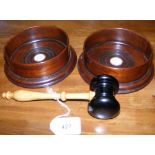 Antique turned wooden gavel, together with a pair of wooden antique coasters
