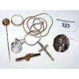 A 9ct gold brooch, silver button 1901, miniature padlock, stickpin, etc.