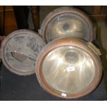 A pair of vintage copper car headlights - 32cm diameter, together with one other bearing label C A