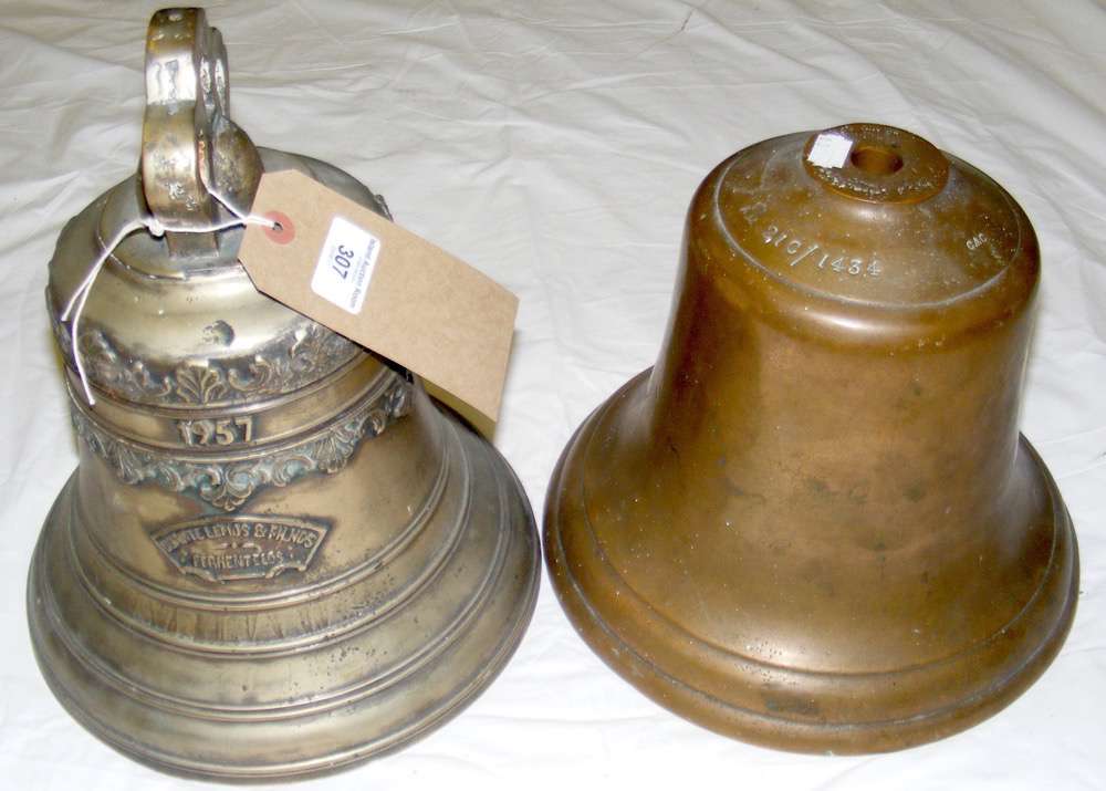 An ornately embossed bronze ship's bell dated 1957 by Duarte, Lemos & Filhos, Fermentelos,