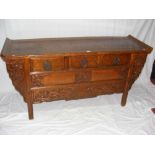 18th century elm wood Chinese altar coffer having decoratively carved front - 170cm x 55cm - with