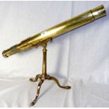 A 77cm brass gunsight by Ross of London, mounted on Georgian folding brass tripod stand