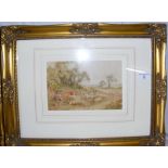 MANNER OF MYLES BIRKET FOSTER - 14.5cm x 22.5cm watercolour - children and sheep in a meadow - bears
