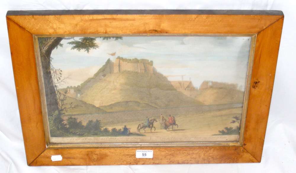 A. MONAGEOT - 28cm x 42cm coloured engraving of Carisbrooke Castle, 1755