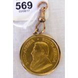 A 1974 South African Krugerand gold coin in 9ct pendant mount