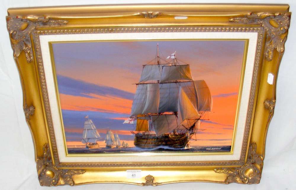 IVAN BERRYMAN - an oil on canvas British man-of-war in fleet formation at sunset - 30cm x 40cm