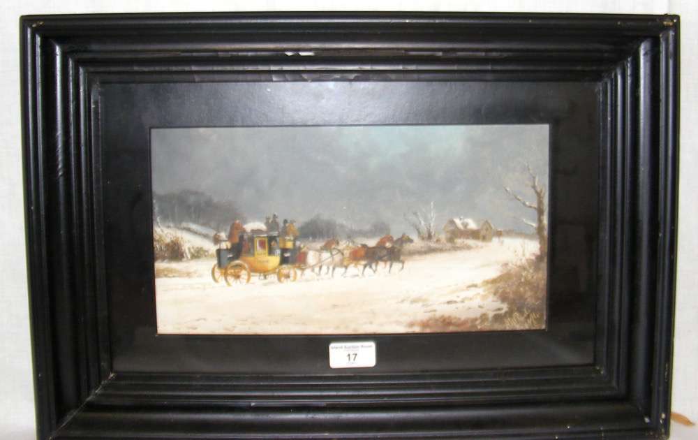 PHILIP RIDEOUT - 17.5cm x 33cm oil on board - "The Bath to London Coach in Winter" - signed and