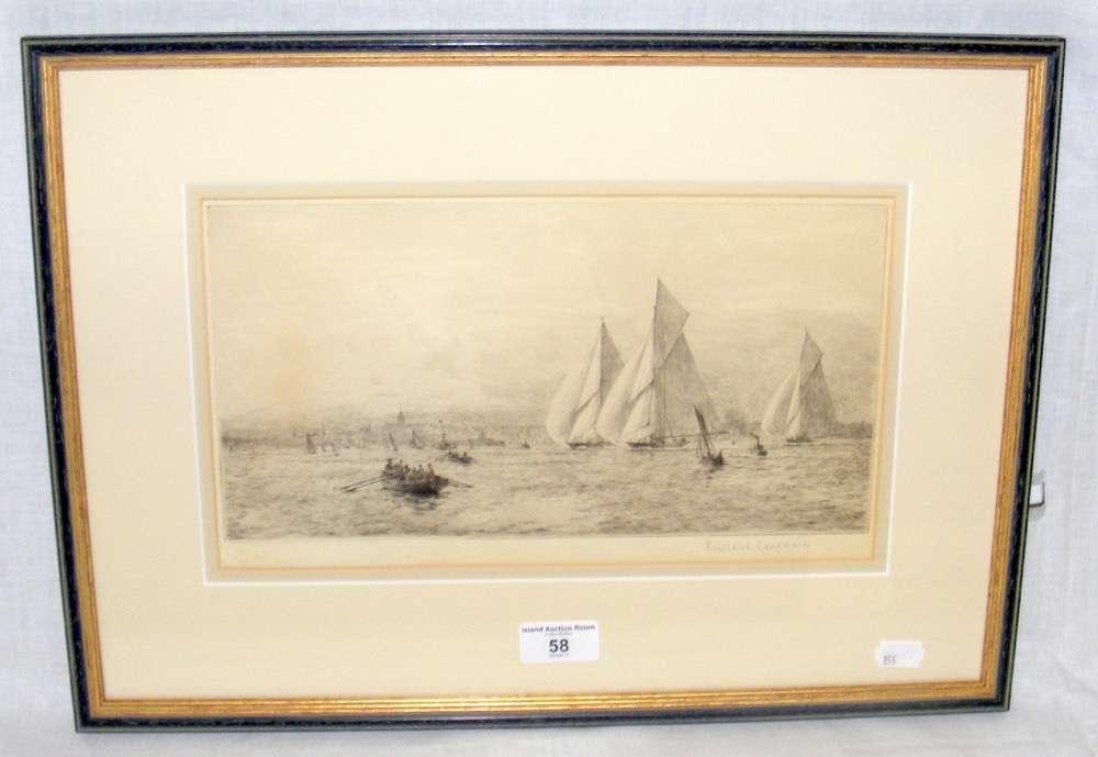 ROWLAND LANGMAID - 17cm x 31cm monochrome etching - extensive shipping scene off Ryde - signed in