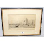 ROWLAND LANGMAID - 17cm x 31cm monochrome etching - extensive shipping scene off Ryde - signed in