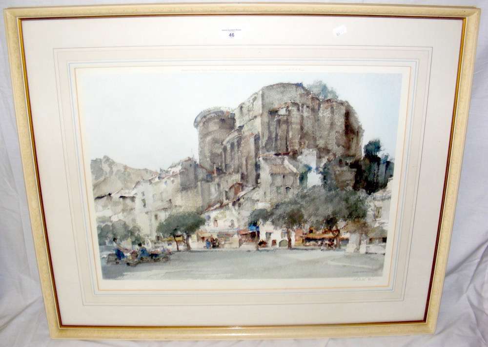 WILLIAM RUSSELL FLINT - 50cm x 64cm coloured print - continental village scene with castle -