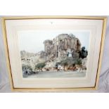 WILLIAM RUSSELL FLINT - 50cm x 64cm coloured print - continental village scene with castle -