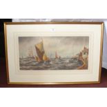 29cm x 58cm watercolour - sailing vessels off Calais Harbour - signed and