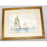 M.G. PEARSON - 20cm x 28cm watercolour - sailing boat and frigate off East Cowes - signed