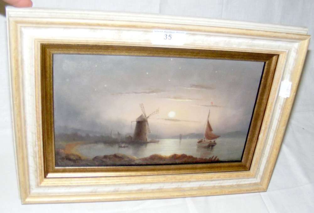 An oil on panel of sailing boat on river with windmill - moonlit scene - bearing signature A.W.