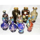A collection of 11 Chinese cloisonne vase with various designs of flowers and birds, etc, all on