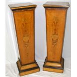 A pair of 118cm high inlaid satinwood Sheraton Revival pedestals with dentilling to the top and