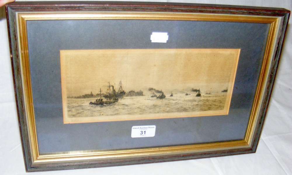 WILLIAM WYLLIE - an etching of shipping proceeding out of Portsmouth Harbour - signed in pencil by