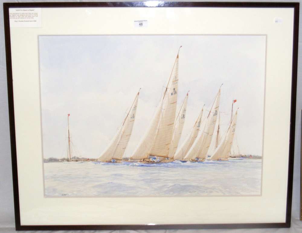 GUY L'HOSTIS - 46cm x 62cm watercolour - "8 meter yachts Sagitta depart le Regate"