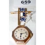 A lady's brooch/watch in 9ct gold octagonal case by Benzie of Cowes with three enamel signalling