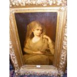 A 19th century - 56cm x 30cm - continental oil on canvas of lady holding lamp in decorative gilt